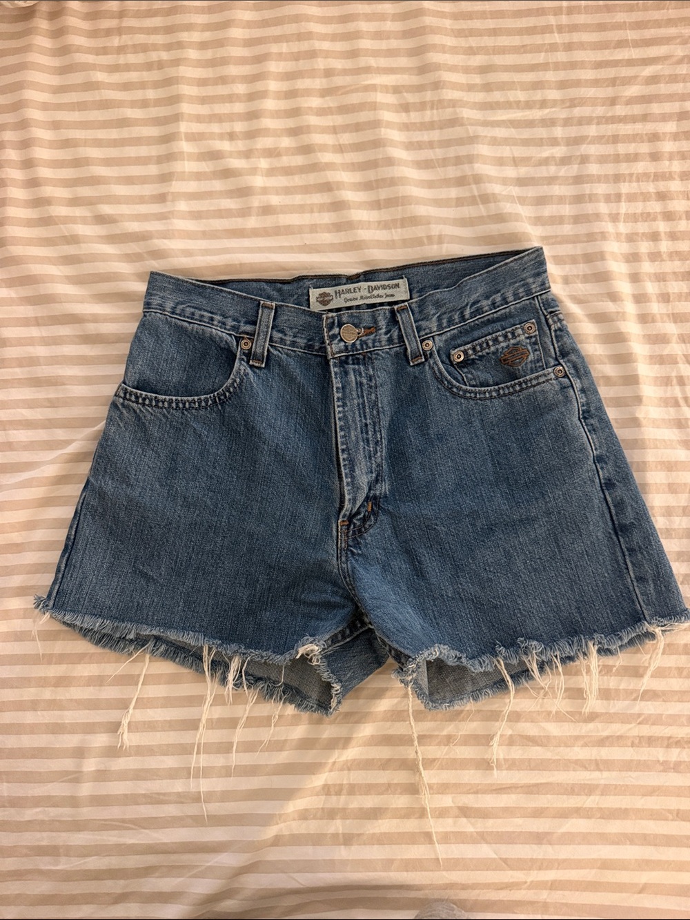 Harley-Davidson Denim Cutoff Shorts in Blue with Frayed Hem